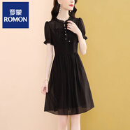 羅蒙（ROMON）雪紡短袖連衣裙女夏天新款氣質(zhì)小個子收腰顯瘦中裙款a字裙女 高端品牌黑色+高檔品牌 L 建議105-115斤+高檔品牌