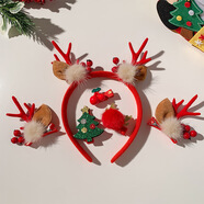 千寶萊圣誕發(fā)夾發(fā)箍禮盒套裝女孩可愛(ài)麋鹿角發(fā)卡頭箍?jì)和フQ節發(fā)飾 5#紅果咖色毛球鹿角6件套