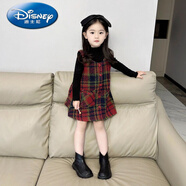 迪士尼（Disney）【品牌上新】韓版童裝2023女童秋冬格紋毛呢背心裙子女寶寶韓版可 紅格背心裙+黑色打底衫 120