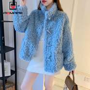 AEMAPE外套女2025年春秋冬季新款皮毛一體短外套女裝時(shí)尚韓版上衣 淺藍色 L _建議90-110斤