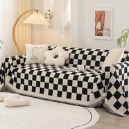 菲梵閣芝士絨沙發(fā)蓋布四季通用全包型沙發(fā)巾防滑坐墊子沙發(fā)墊墊套罩新款 黑白棋盤(pán)格 180*420cm一片