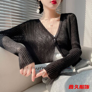 美安嘉夏季薄款冰絲針織衫女遮陽(yáng)開(kāi)衫外搭短款配吊帶裙子的小外套披肩 黑色-針織衫 輕薄 L 建議115-125斤-輕薄針織衫