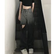 瑟空（SEKONG）2025春秋新款復古水洗牛仔褲高腰寬松闊腿褲女顯瘦牛仔直筒褲YLM 330-破洞漸變色 L