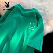 花花公子（PLAYBOY）純棉笑臉短袖t恤男款潮牌2025夏季新款男士寬松白色印花半袖衣服 BV綠色 4XL