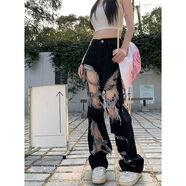 VEOX高街ins潮破洞直筒牛仔褲女春夏美式高腰乞丐褲子拖地長褲闊腿褲 黑色 優(yōu)質(zhì)版 L [建議105-120斤]