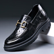 波佐斯（POEZONIS）增高男鞋夏季真皮男士休閑商務(wù)皮鞋一腳蹬樂(lè )福鞋鏤空內增高豆豆鞋 黑色（內增高款） 37