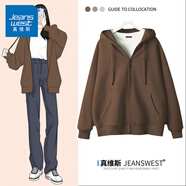 真維斯（JEANSWEST）衛(wèi)衣女春秋季新款外套女開衫連帽情侶男女裝上衣服小個(gè)子休閑寬松 深棕 純色 L