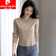 皮爾卡丹（pierre cardin）2024早春秋新款針織打底衫短款上衣女內搭高腰修身圓領(lǐng)小個(gè)子毛衣 淺卡其色【圓領(lǐng)】6016 S