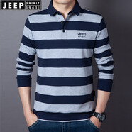 JEEP SPIRIT吉普休閑純棉翻領(lǐng)條紋長(zhǎng)袖t恤男春秋珠地商務(wù)體恤衫繡標(biāo)大碼上衣 灰色6906款 XL (180) /96A建議145-155斤