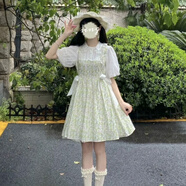 BMOI森系初戀裙娃娃領(lǐng)假兩件連衣裙日系小洋裝甜美公主裙夏日連衣裙女 郁金香印花假兩件連衣裙 S 【體重80-100斤】