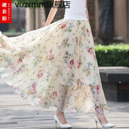 vuzrmm波西米亞沙灘長(cháng)裙2023夏季翠花雪紡半身裙長(cháng)款女復古印花大擺裙 米白牡丹 M 2尺-2.1尺