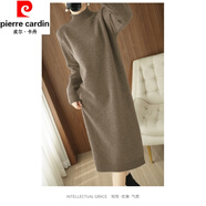 皮爾卡丹（pierre cardin）半高領(lǐng)針織連衣裙女秋冬季新款長款過膝寬松顯瘦加厚保暖打底長裙 深駝色2 綿羊絨加厚 2XL