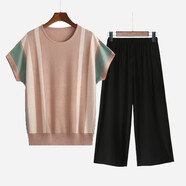 俞兆林（YUZHAOLIN）母親節媽媽夏裝套裝中老年女裝時(shí)尚休閑針織衫上衣半袖兩件套 咖色（上衣+黑色闊腿褲） 4XL （140-160斤）