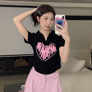 風(fēng)采兔 100%純棉polo領(lǐng)印花正肩短袖t恤女夏季遮肚子不規則短款辣妹上衣 黑色 XL