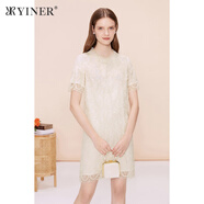 YINER音兒專選女裝夏季法式優(yōu)雅釘珠裝飾鉤花蕾絲連衣裙 米色 M
