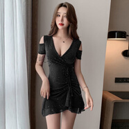 堂峻夜店女裝2022夏季新款深V低胸修身包臀短裙荷葉邊夜場(chǎng)性感連衣裙 黑色 2XL