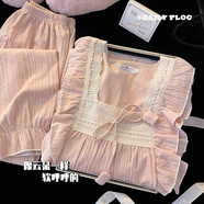 衣派萊睡衣女春秋2024新款夏季純棉寬松甜美公主風(fēng)帶胸墊睡裙家居服套裝 公主粉【長款+長褲】 M