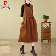 皮爾卡丹（pierre cardin）全棉燈芯絨背帶裙中長(cháng)款連衣裙女復古文藝大碼雙排扣無(wú)袖背心裙子 卡其色 M 110斤以下