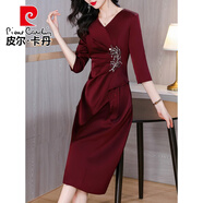 皮爾卡丹喜婆婆婚宴裝年輕高貴喜服醋酸緞面連衣裙女結(jié)婚媽m禮服2025新款 NRJ7513紅色   五分袖 M