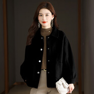 歌米拉（Gemila）連帽毛呢外套女短款寬松針織開(kāi)衫外穿洋氣休閑小個(gè)子帶帽毛衣外套 9070款黑色 L 110-120斤