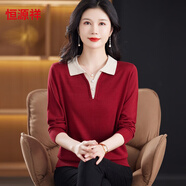 恒源祥中年媽媽春秋薄款毛衣女寬松大碼100%羊毛衫翻領(lǐng)上衣打底針織衫女 酒紅色 L【建議80-100斤】