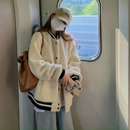 女學生羊羔絨棒球服外套加厚羊毛羔棉服女秋冬新款寬松冬天開衫棉衣外套 米白色 均碼