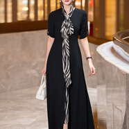 首尚格釋?zhuān)⊿USONGETH）拼接雪紡連衣裙女2024年夏季新款時(shí)尚端莊大氣v領(lǐng)長(cháng)款修身大擺裙 黑色贈絲帶 L