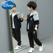 迪士尼（Disney）兒童套裝男童春秋款外套新款中大童開(kāi)衫衛衣連帽休閑運動(dòng)兩件套 拼色開(kāi)衫08黑套裝 110 建議身高1-1.05米