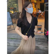 可茵 新款連衣裙女夏港風(fēng)時(shí)尚套裝女2022短款V領(lǐng)交叉設計感上衣仙女溫柔風(fēng)中長(cháng)款A字紗裙小個(gè)子套裝裙 黑色上衣+卡其網(wǎng)紗裙 S