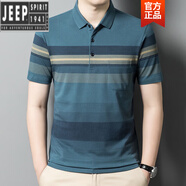 吉普（JEEP）高檔2023新款條紋冰絲光棉短袖t恤男翻領有口袋帶兜中年爸爸夏裝 01蘭色 170/L