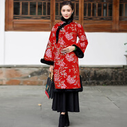 華族經(jīng)典毛呢繡花改良連衣裙女長(cháng)袖復古中式保暖加厚秋冬款 紅色 - 預售30天 S