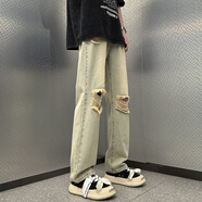 衣然呈品 美式黃泥染破洞水洗牛仔褲男潮牌寬松直筒高街vibe春夏季褲子男 B02黃泥染 XL【建議120-135斤】