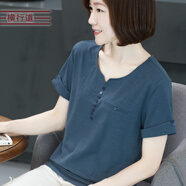橫行道2024夏季女裝休閑寬松v領(lǐng)純色打底衫短袖上衣t恤半袖女裝體恤 牛仔藍 XL