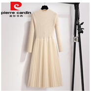 皮爾卡丹（pierre cardin）小香風(fēng)黑色打底針織連衣裙女秋冬修身顯瘦純色百搭網(wǎng)紗拼接毛衣裙 米色【平下擺】 均碼 85-135斤