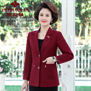 俞兆林（YUZHAOLIN）中年人媽媽秋裝西裝外套時(shí)尚40歲50中老年女裝春秋洋氣小西服上衣 酒紅 3XL 建議120-135斤
