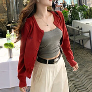 歌詩慧紅色針織衫女開衫毛衣女裝外套2025新款春夏季女裝外搭小個子上衣 紅色針織開衫 薄款 均碼 【建議120斤內(nèi)】