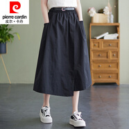 皮爾卡丹品牌高檔女裝棉麻半身裙女夏季文藝復古松緊腰顯瘦A字裙寬松百搭不規則中長(cháng)裙氣質(zhì) 黑色(無(wú)腰帶) M【95-125斤】
