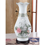 新中式臺面陶瓷花瓶潮州通花藝術(shù)品擺件家居工藝品客廳裝飾品送禮 小吉祥配紅木插電紅木底座