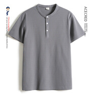 瑞質(zhì)（Acecred）中年爸爸夏裝短袖T恤男中老年人寬松立領(lǐng)衣服老人爺爺大碼上衣 魅力灰 M