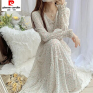 皮爾卡丹清新碎花裙雪紡連衣裙子女春裝2025新款氣質(zhì)仙女裙荷葉邊大擺裙 淺粉小花 M 90-99斤