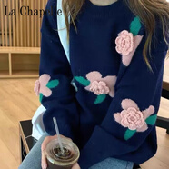 拉夏貝爾（La Chapelle）重工刺繡立體花朵毛衣女寬松外穿秋冬慵懶風(fēng)針織衫百搭上衣厚 純100自動(dòng)發(fā)熱藏青色 收藏關(guān)注優(yōu)先發(fā)貨 純100自動(dòng)發(fā)熱S 85-95 收藏優(yōu)先發(fā)