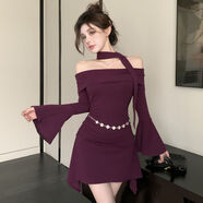 SZEL夜店女裝性感連衣裙2024秋季純欲風(fēng)一字肩喇叭袖韓版褶皺飄帶修身 紫色 C193現貨送鏈條 M