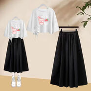 Baldauren12女大童夏裝10歲韓版13中大童14小學(xué)初中生15歲少女半身裙兩件套 C1003白色上衣+F黑色裙 薄款 155 (L) 建議85-100斤