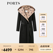 PORTS寶姿女裝2024秋季新款LOGO提花連帽羊毛大衣ALT9C009UZW022 黑色印花 M