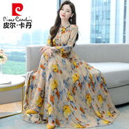 皮爾卡丹（pierre cardin）雪紡長(zhǎng)袖連衣裙女春秋裝2025年新款顯瘦大擺長(zhǎng)裙到腳踝超長(zhǎng)款氣質(zhì) 黃色 3XL