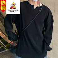 稻草人（MEXICAN）特大碼300斤褶皺坑條t恤男設計感V領(lǐng)寬松長(cháng)袖cityboy亨利領(lǐng)潮體恤 黑色 【升級版】 4XL建議250-300斤