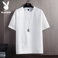 花花公子（PLAYBOY）冰絲短袖T恤男士夏季純色亞麻運(yùn)動(dòng)速干半袖寬松百搭打底衫上衣服t T12白色 XL (141-160斤)