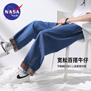 NASA BASE官方潮牌聯(lián)名牛仔褲男女款春季薄款寬松直筒青少年大碼休閑褲子男 617-藍色 L （建議120-140斤）