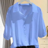 元乐申雪纺短袖衬衫女夏季薄款新款高级感法式V领中袖上衣 蓝色 6188 S 建议85-95斤