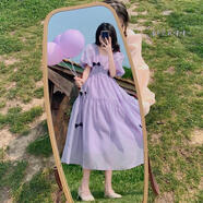 BMOI森系連衣裙少女夏裝2025新款初中高中學生甜美溫柔公主雪紡長裙子 紫色 L (建議109-118斤)